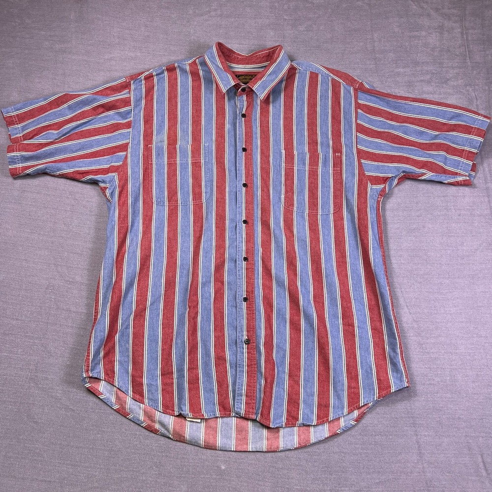 Eddie Bauer Striped Regular Vintage Button Up Shirt Mens 2XL Red Blue Cotton